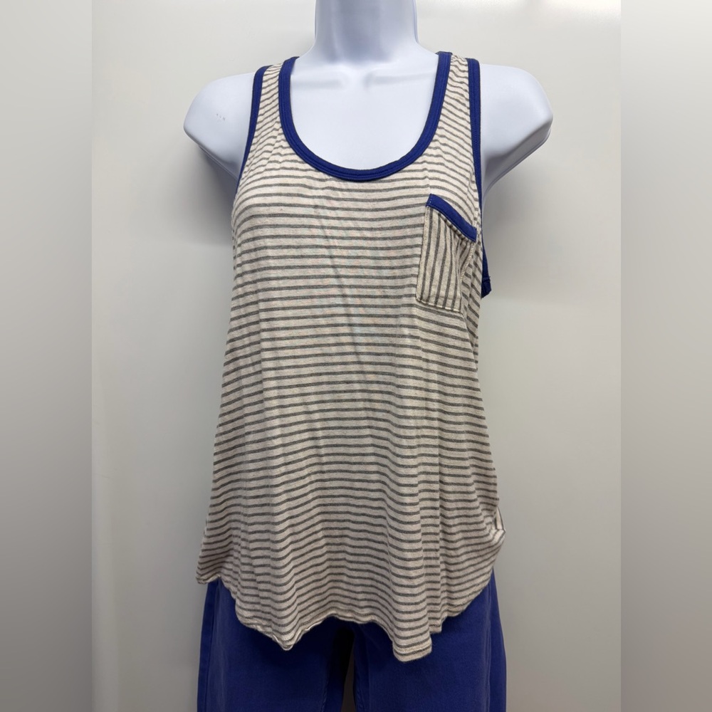 freebird Cream and Gray Striped Pocket Tank with Blue Trim